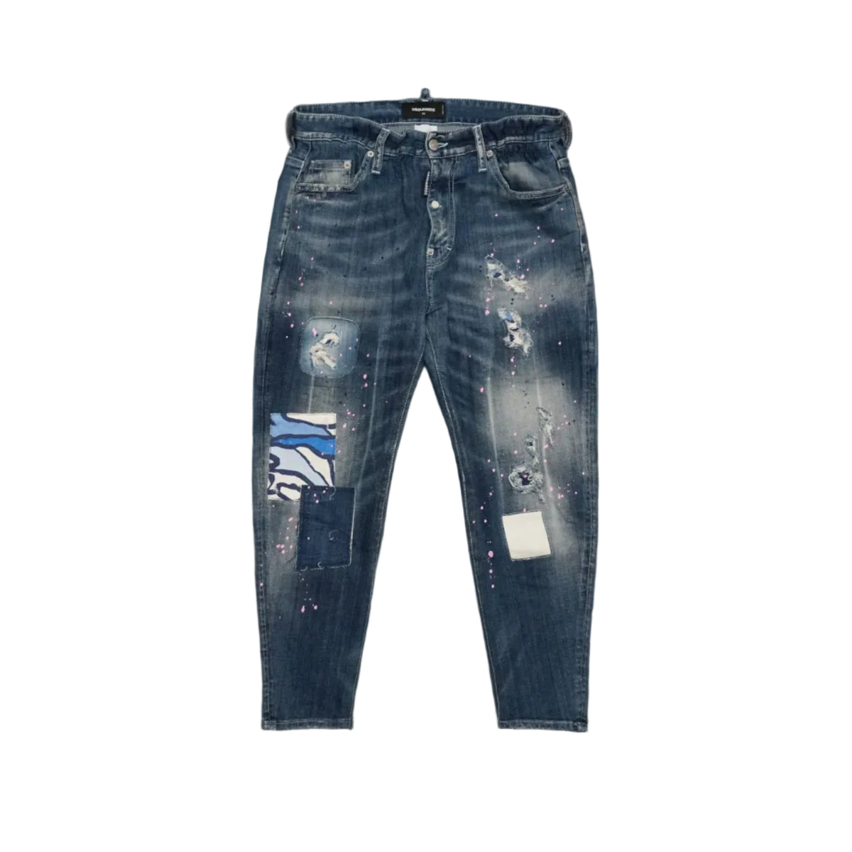 Pre-owned Dsquared2 relaxed jeans in blue wash with patchwork, rips and pink paint splatter, front view