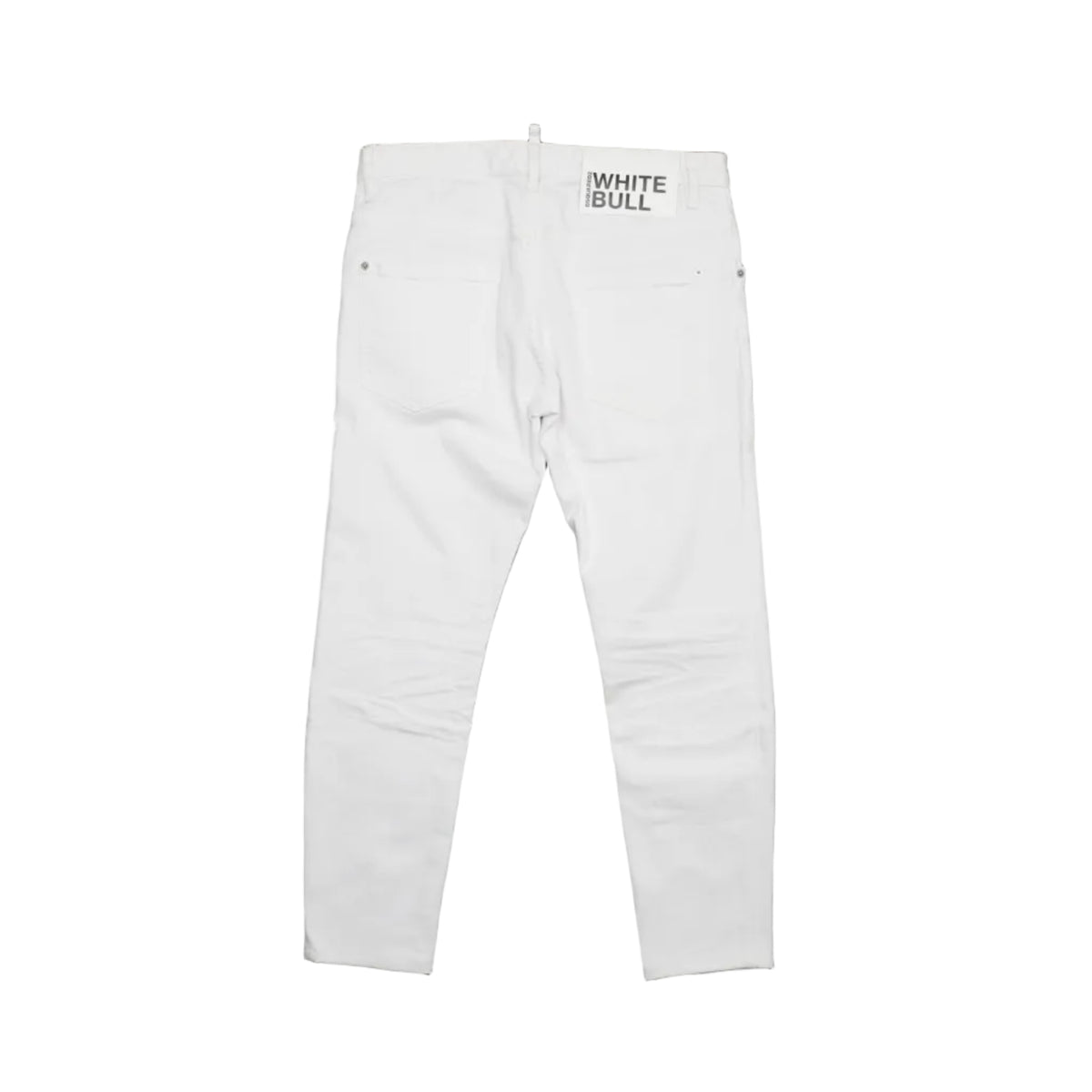 Pre-owned Dsquared2 White Bull jeans in white stretch denim, back view with White Bull logo patch