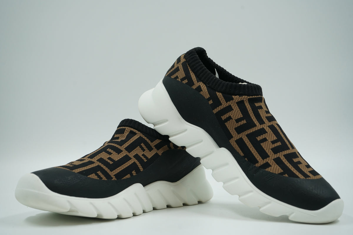 Pair of pre-owned Fendi slip-on sock sneakers in brown and black FF knit, stacked view of inner sides