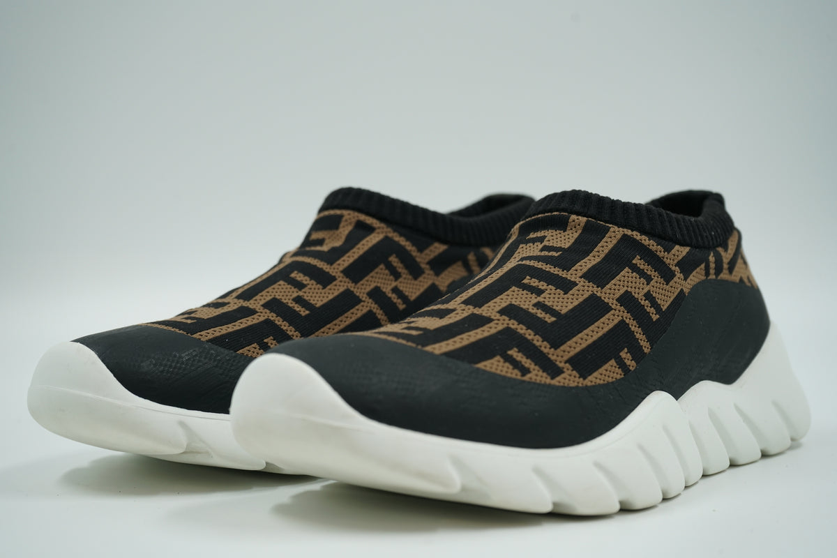 Pair of pre-owned Fendi slip-on sock sneakers in brown and black FF logo knit, front angle view