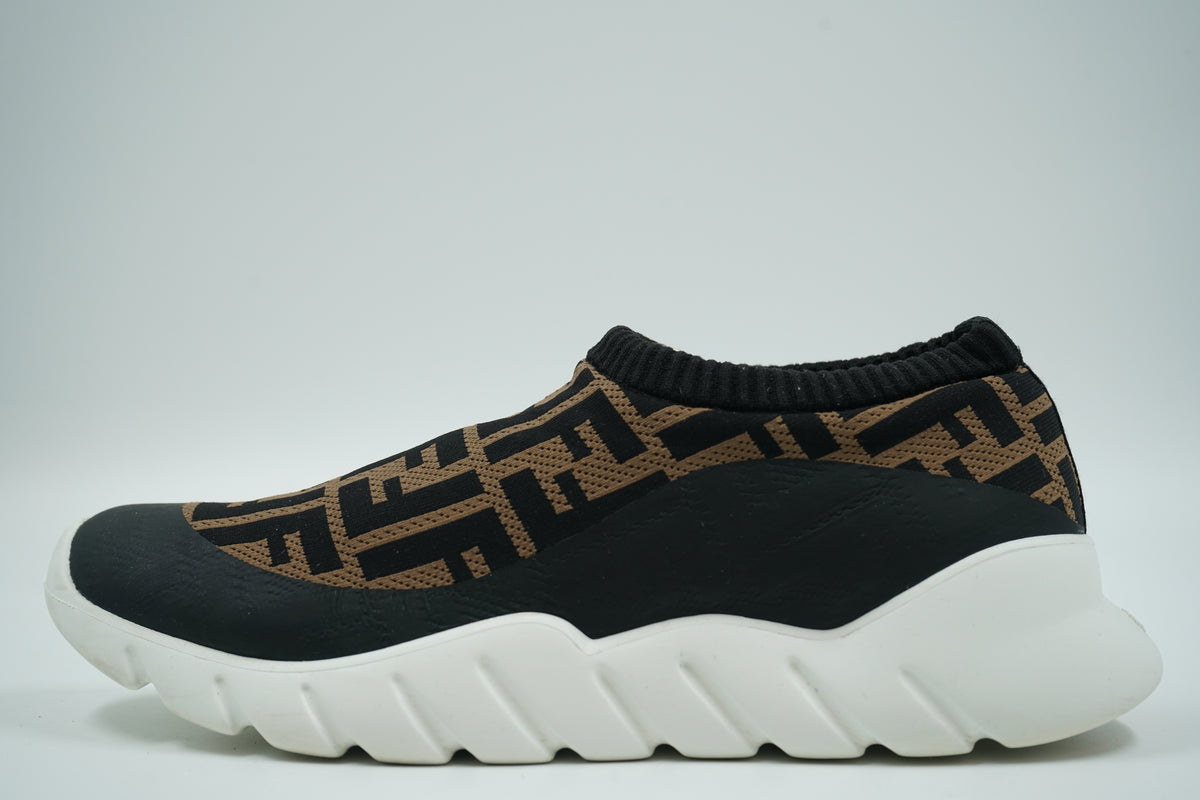 Pre-owned Fendi slip-on sock sneaker in brown and black FF logo knit with white chunky sole, side view