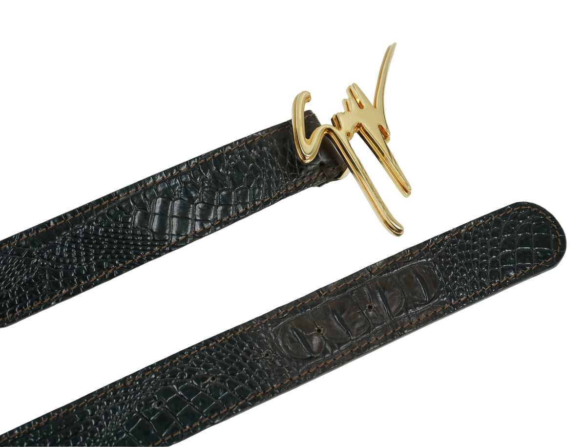Giuseppe Zanotti signature belt laid flat, showing croc-embossed strap, gold buckle and adjustment holes