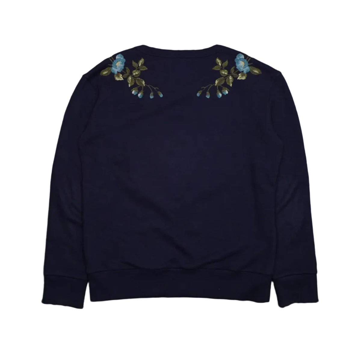 Gucci Angry Cat sweatshirt in navy with blue floral embroidery on both shoulders, back view