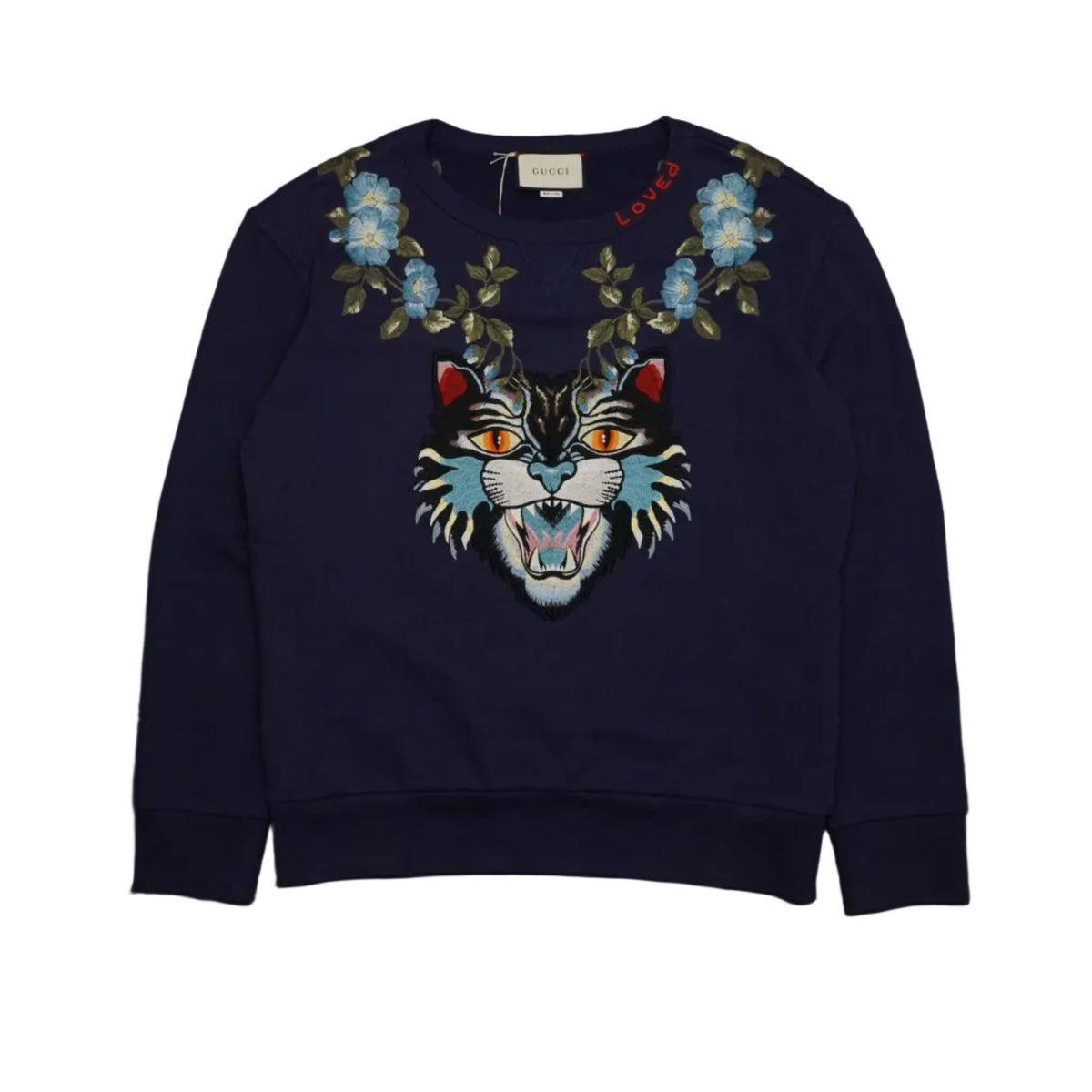 Gucci Angry Cat sweatshirt in navy with embroidered cat head, blue floral neckline and Loved text, front view