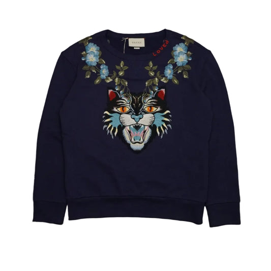 Gucci Angry Cat Floral Embroidered Blue Crewneck - Gucci - SecondPlace