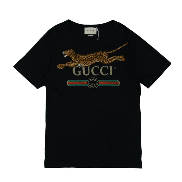 Gucci Embroidered Leopard Logo Black T-Shirt