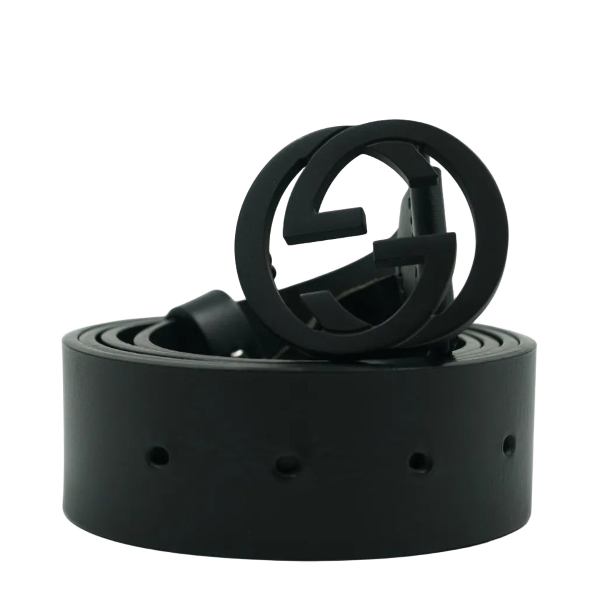 Pre-owned Gucci Interlocking G belt in black leather with matte black GG buckle, front view