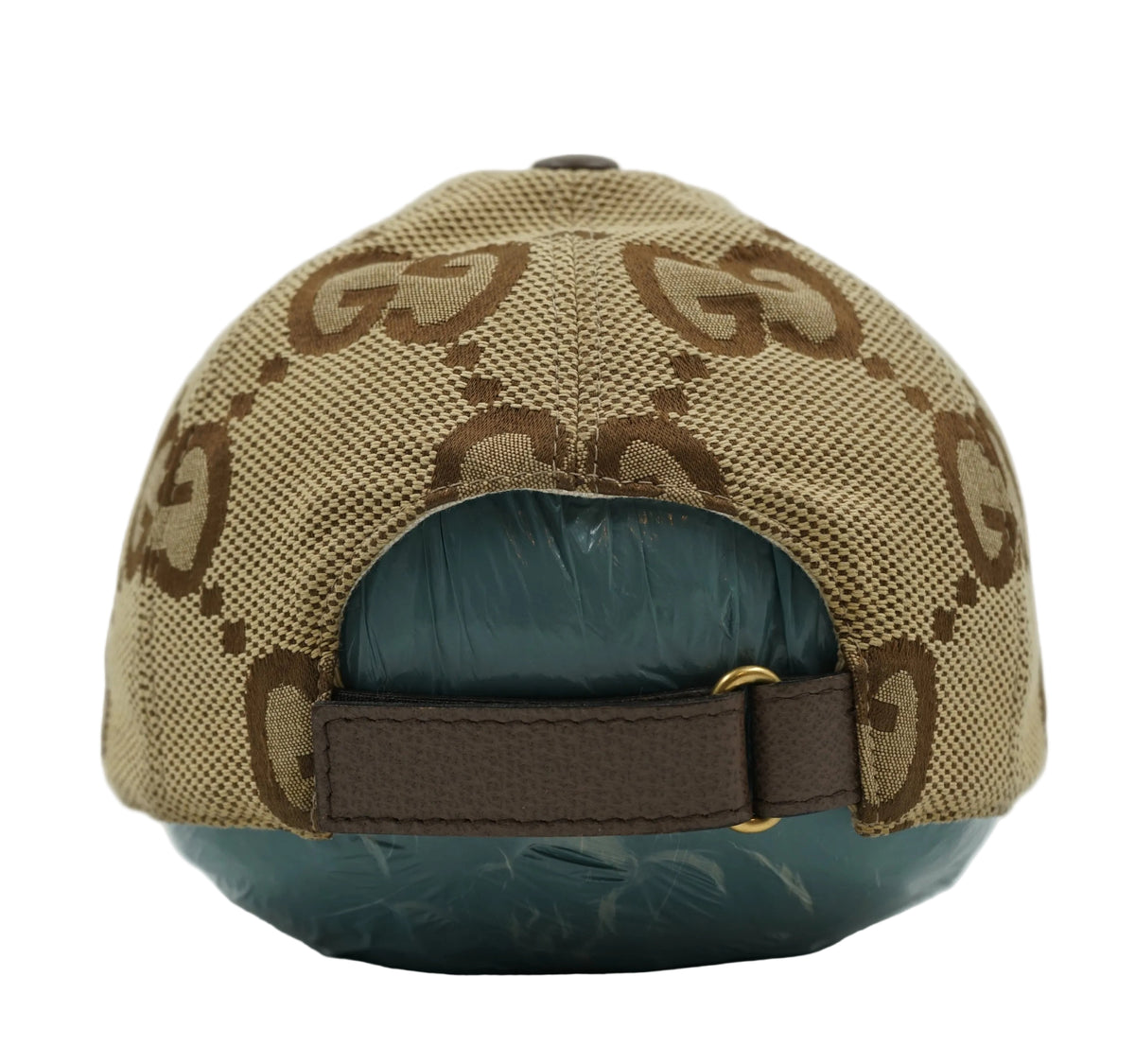 Gucci Jumbo GG canvas baseball cap with brown leather adjustable strap and gold buckle, back view