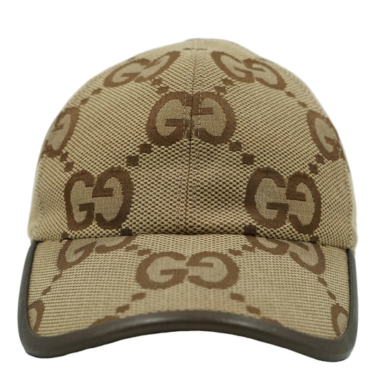 Gucci Jumbo GG canvas baseball cap in beige and brown with leather-trimmed peak, front view
