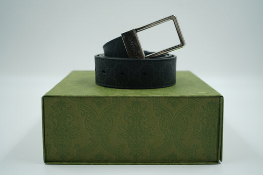 Gucci GG Black Logo Rectangular Reversible Silver Buckle Belt