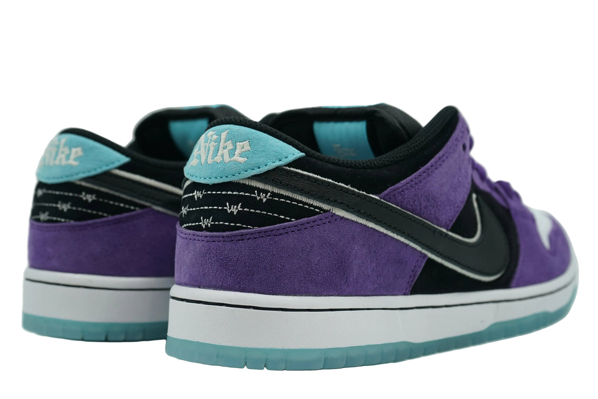 Hayley Wilson x Nike SB Dunk Low Court Purple with barbed wire embroidery and light blue Nike heel tab, back view