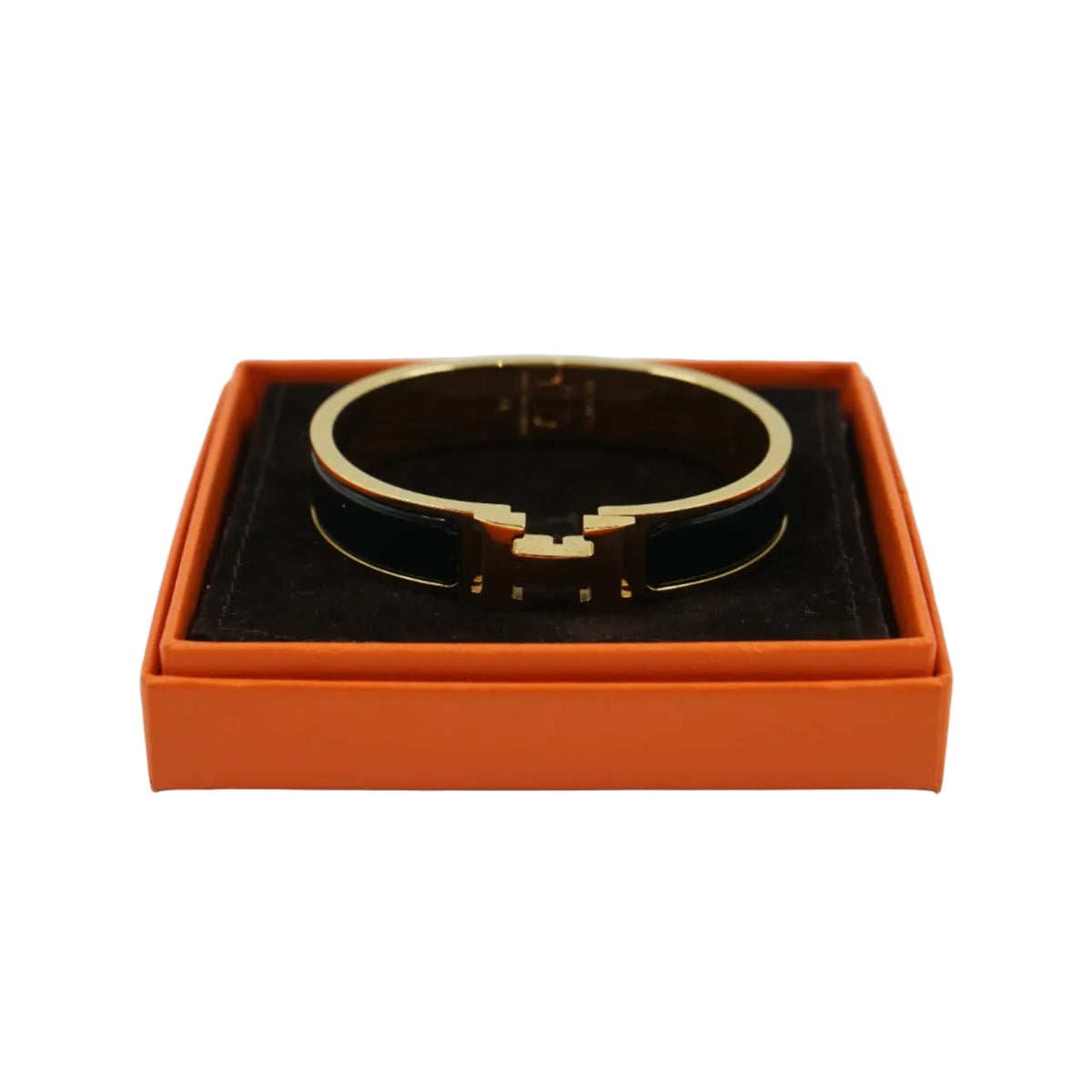 Hermès Clic H bracelet in black enamel and gold in its original orange Hermès box with brown pouch