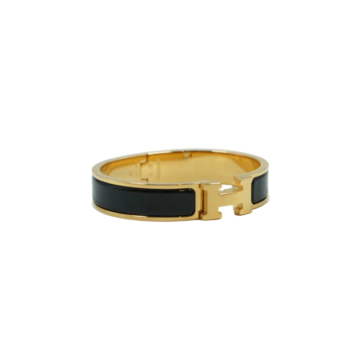 Hermès Clic H bracelet in black enamel with gold-plated H clasp, front view