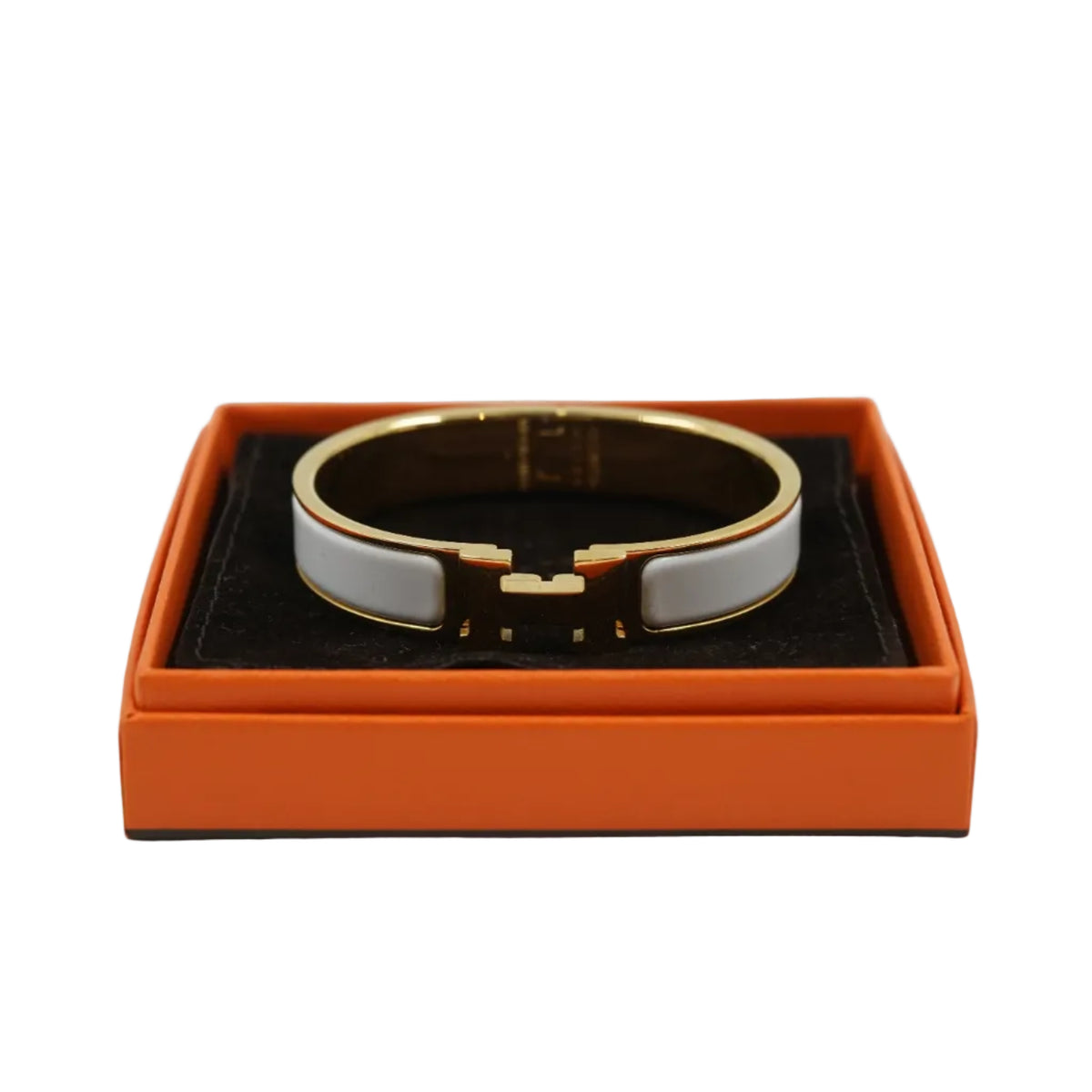 Hermès Clic H bracelet in white enamel and gold in its original orange Hermès box with brown pouch