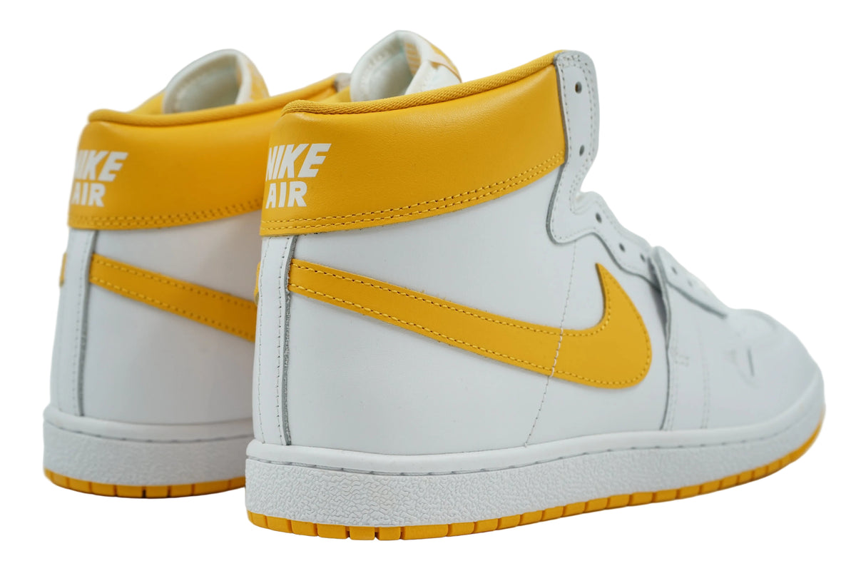 Jordan Air Ship PE SP University Gold with Nike Air heel branding and yellow collar, rear view