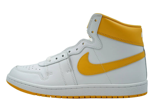 Jordan Air Ship PE SP University Gold in white leather with yellow Swoosh, collar and outsole, side view