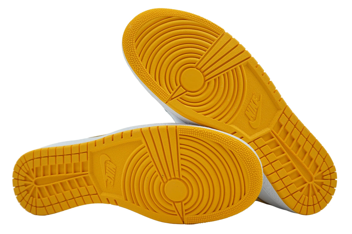 Unworn University Gold outsoles of Jordan Air Ship PE SP with pivot circle and Nike logo