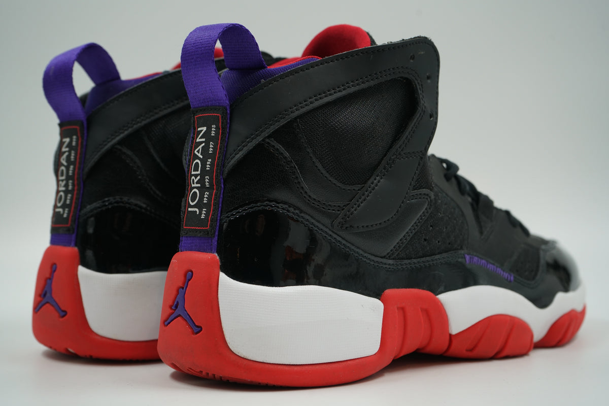 Pair of pre-owned Jordan Jumpman Two Trey, back view with championship years heel tab and purple Jumpman