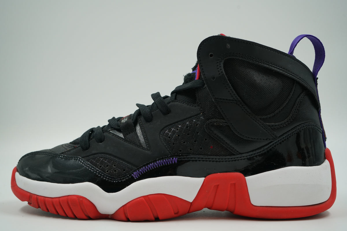Pre-owned Jordan Jumpman Two Trey in black patent leather with purple and red accents, side view