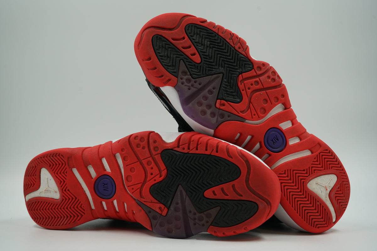 Pre-owned Jordan Jumpman Two Trey, outsole view with red and black herringbone tread and purple XIV detail