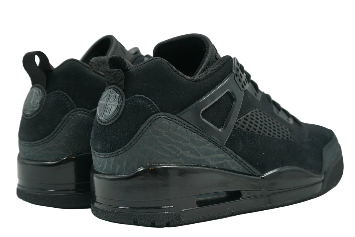 Brand new Jordan Spizike Low Black Cat with elephant print heel, 40 Acres logo and heel pull tab, rear view