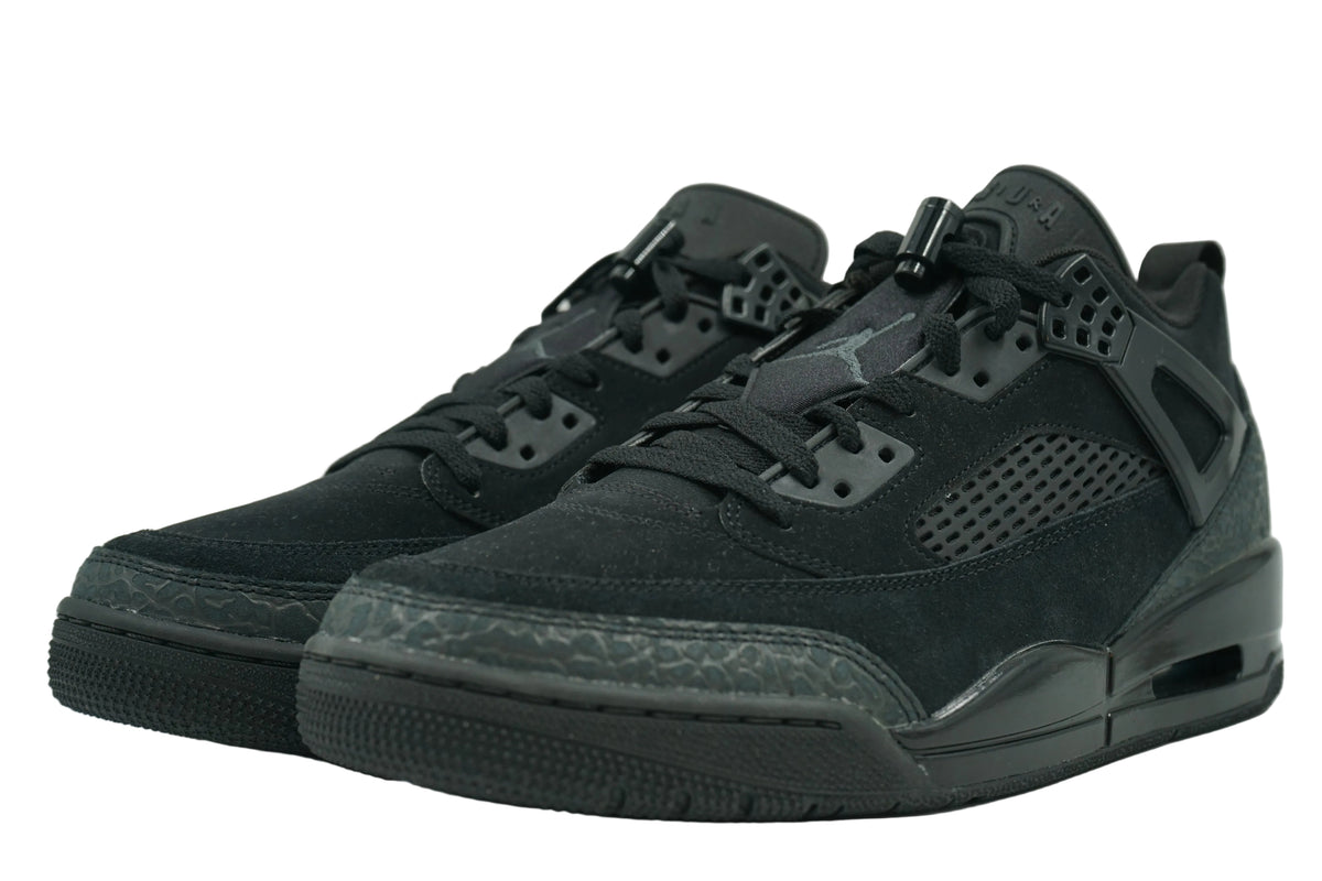 Brand new pair of Jordan Spizike Low Black Cat in black suede with elephant print toe and lace toggle, front view
