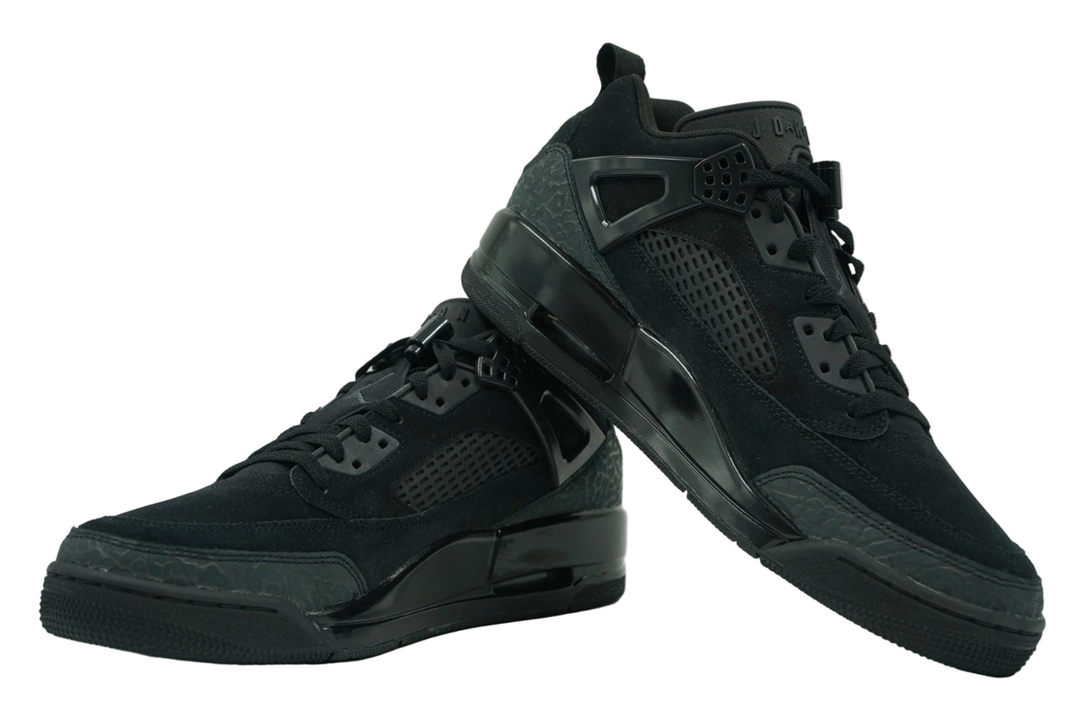 Brand new pair of Jordan Spizike Low Black Cat in black suede with elephant print and Air unit, side view
