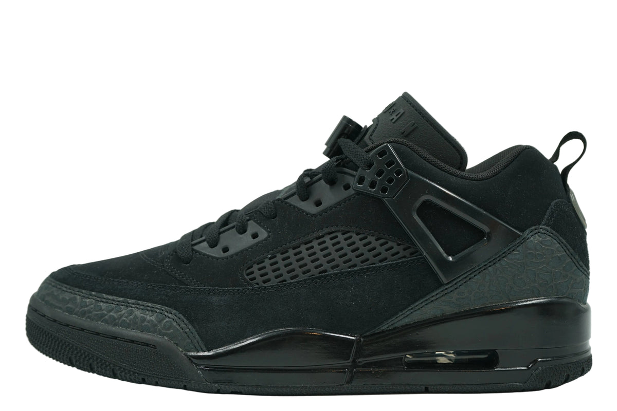 Brand new Jordan Spizike Low Black Cat in black suede with elephant print overlays and Air unit, side view