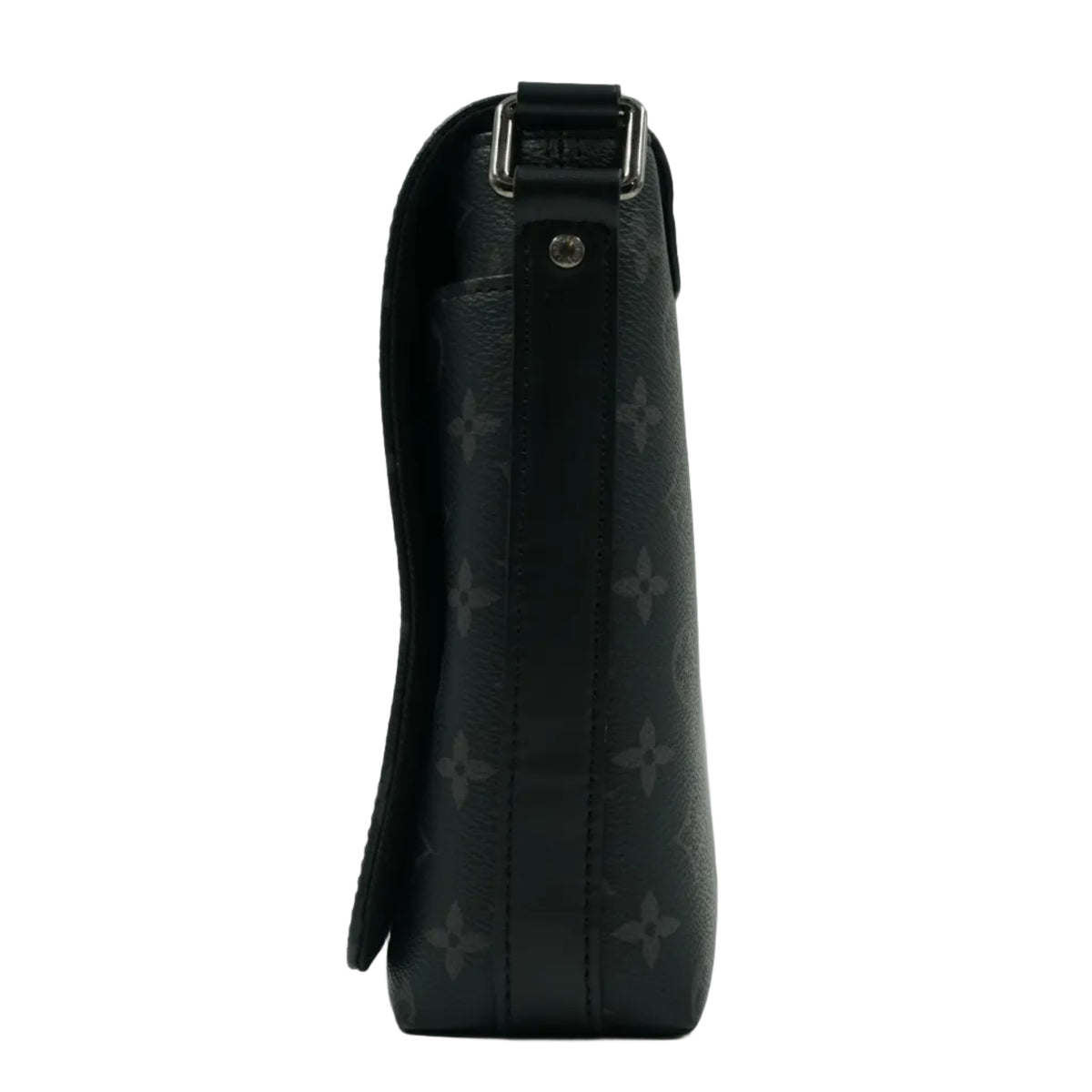 Pre-owned Louis Vuitton District messenger in Monogram Eclipse with leather strap tab and buckle, opposite side view