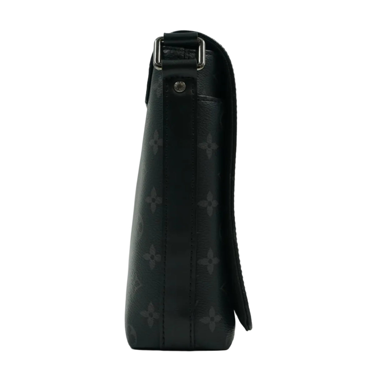 Pre-owned Louis Vuitton District messenger in Monogram Eclipse with black leather strap tab and silver buckle, side view