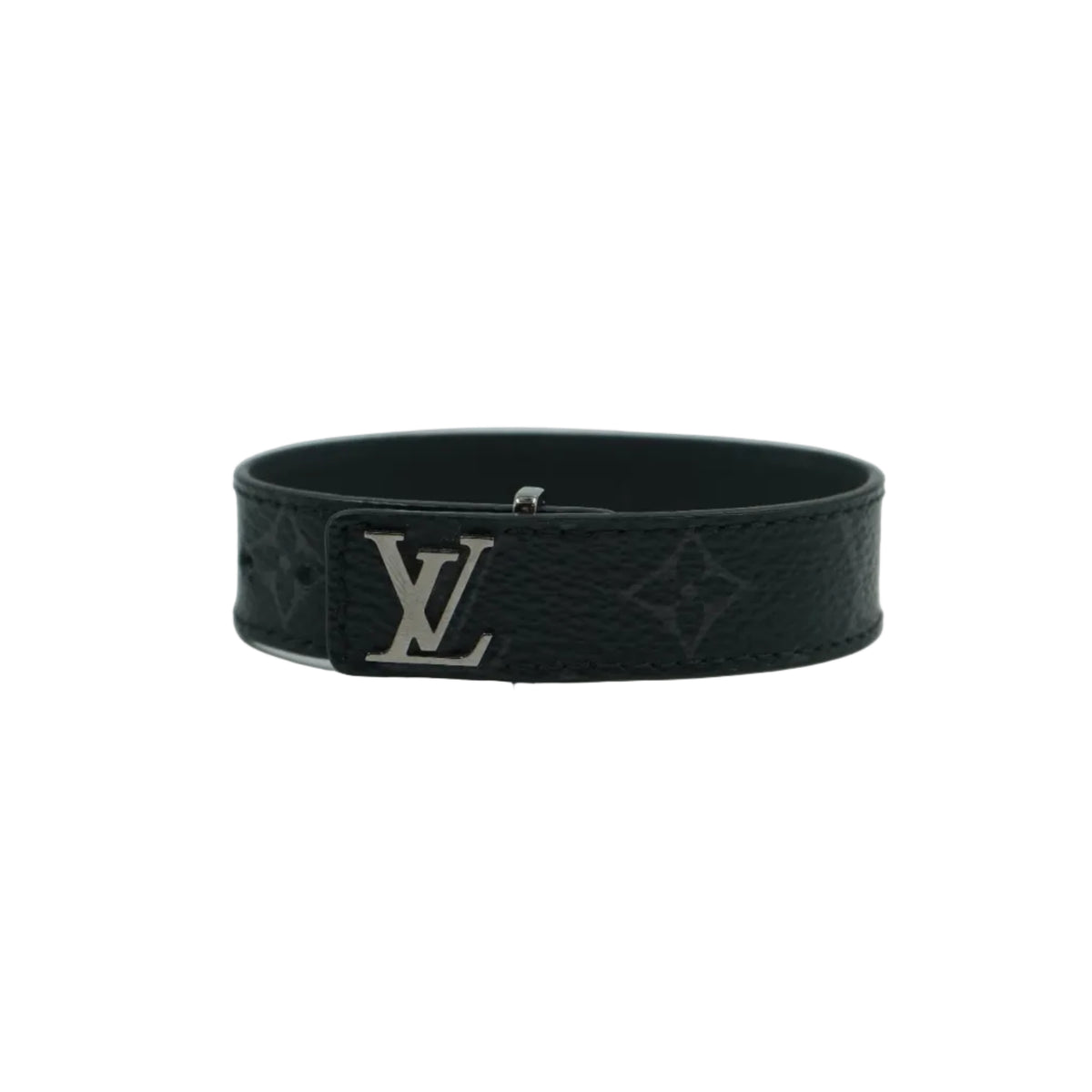 Louis Vuitton LV Slim bracelet in black Monogram Eclipse canvas with silver-tone LV logo, front view