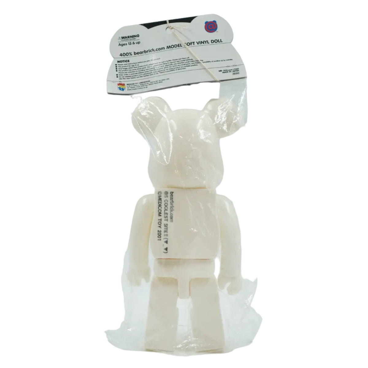 Back: Brand new Be@rbrick 400% bearbrick.com Model 2001, back view with ©Medicom Toy 2001 print and header card