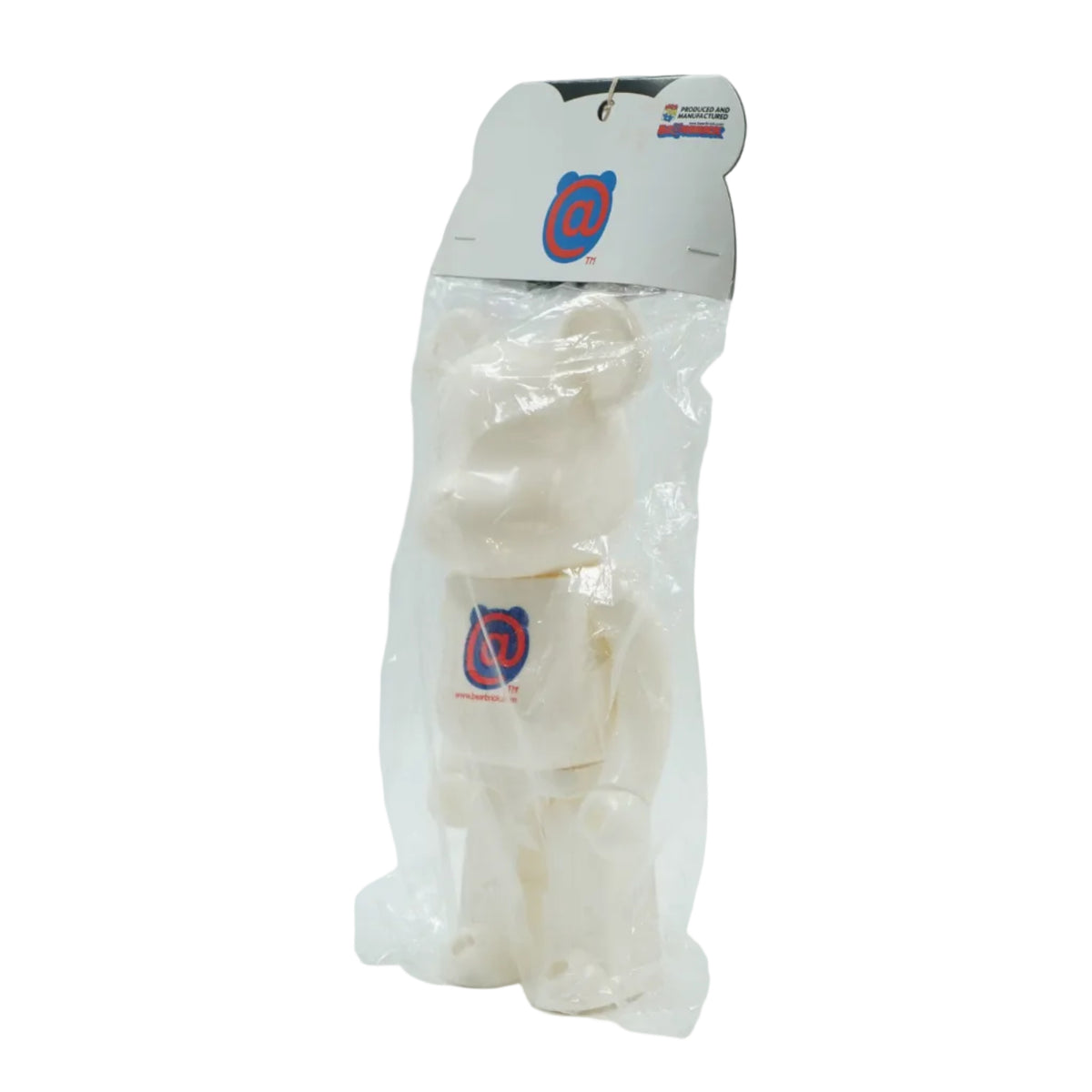 Brand new Medicom Toy Be@rbrick in white with @ logo, side view, sealed in original bag with bear-shaped header card