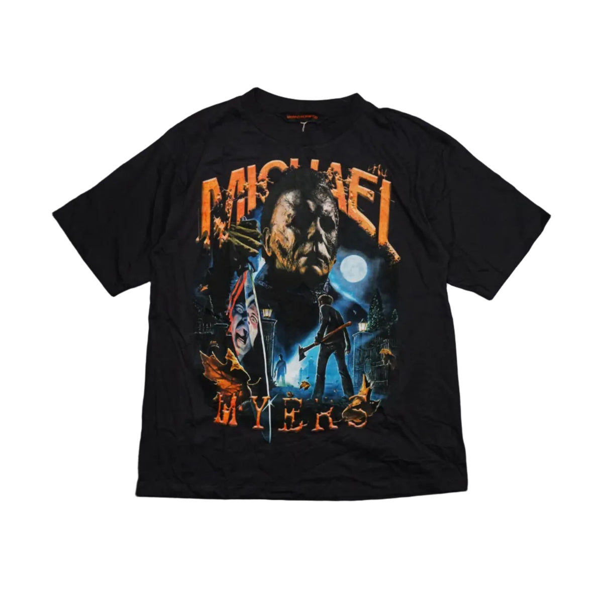 Black Michael Myers Halloween graphic T-shirt with masked figure, moonlit street scene and orange lettering, front view