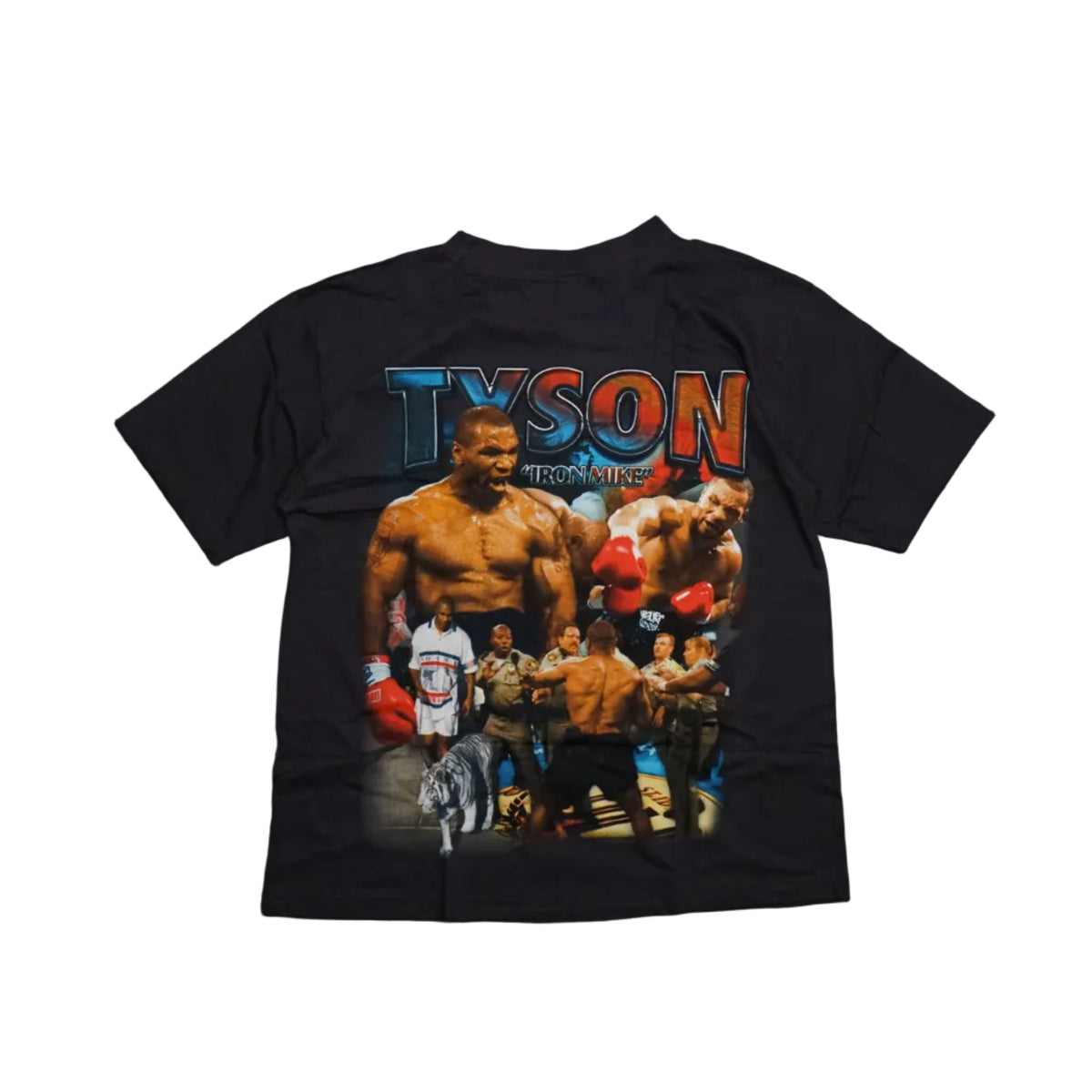 Black Mike Tyson graphic T-shirt with Tyson Iron Mike back print, boxing collage and white tiger, back view