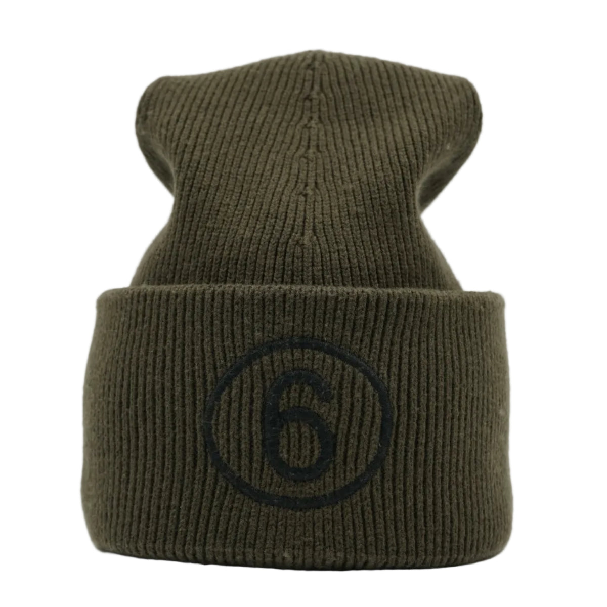 Pre-owned MM6 Maison Margiela ribbed beanie in olive green with embroidered black 6 logo, front view