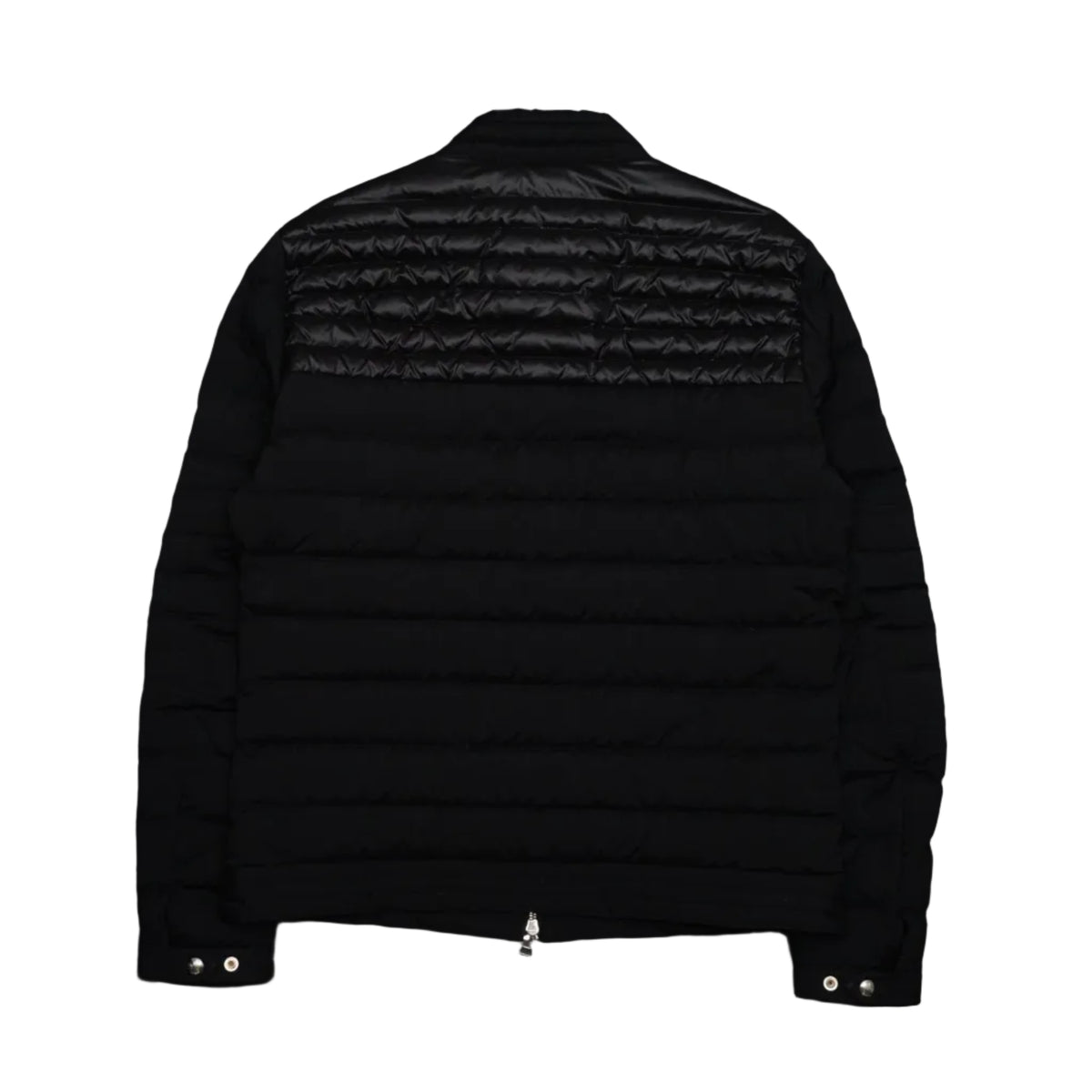 Pre-owned Moncler black down jacket, back view with glossy laque quilted yoke and snap-button cuffs
