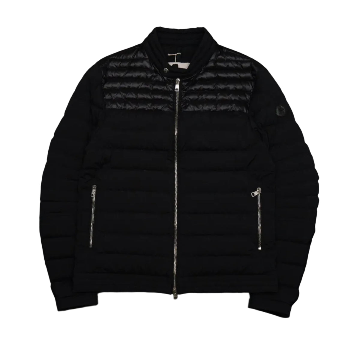 Pre-owned Moncler black down jacket with glossy laque quilted yoke, matte body and silver zips, front view