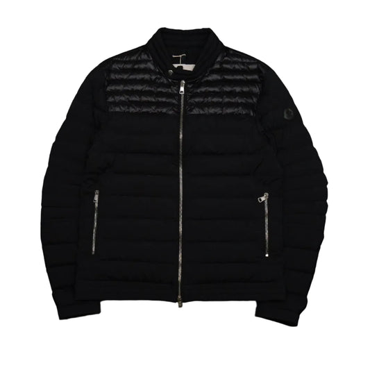 Pre-owned Moncler black down jacket with glossy laque quilted yoke, matte body and silver zips, front view