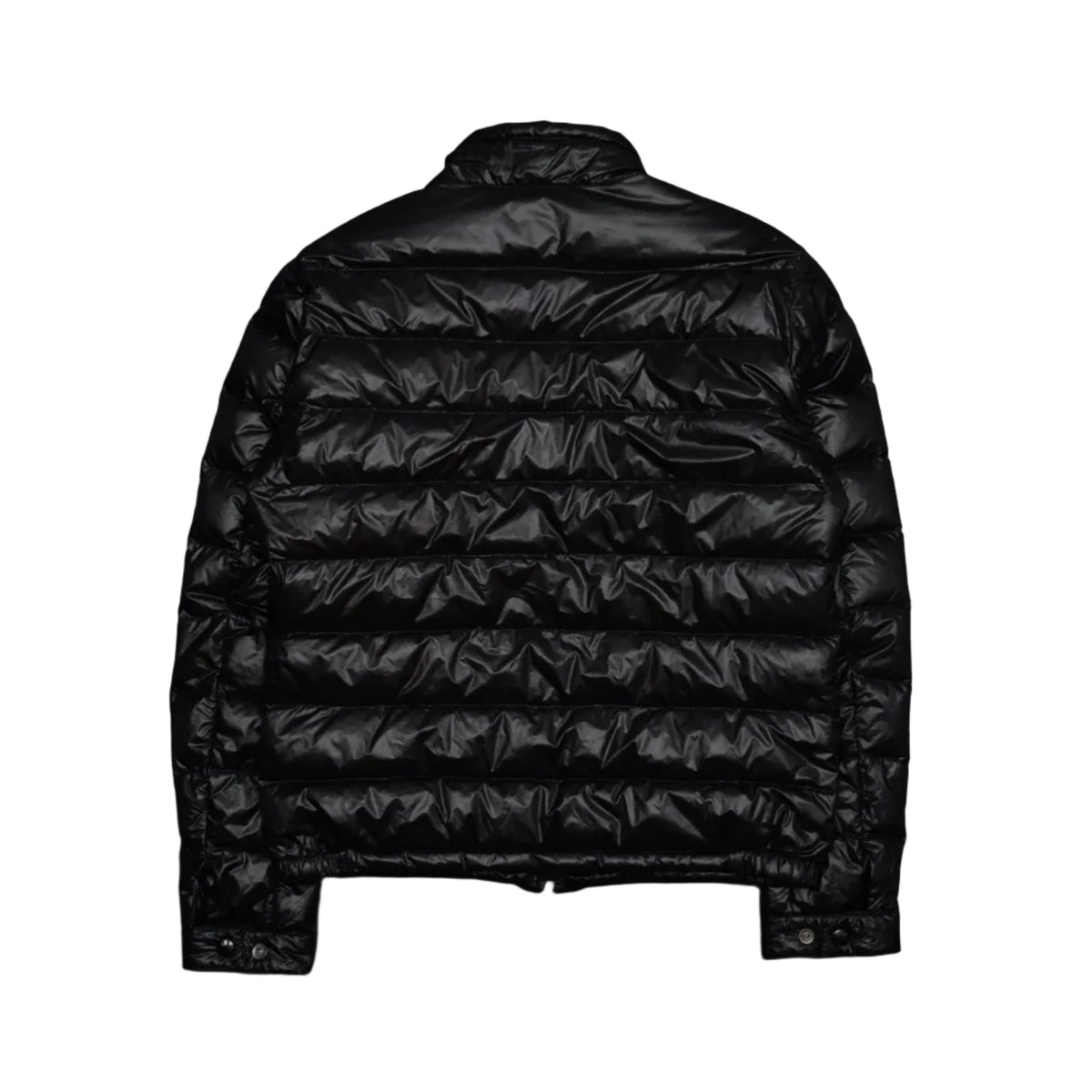 Pre-owned Moncler lightweight down jacket in glossy black laque nylon, back view with snap cuffs