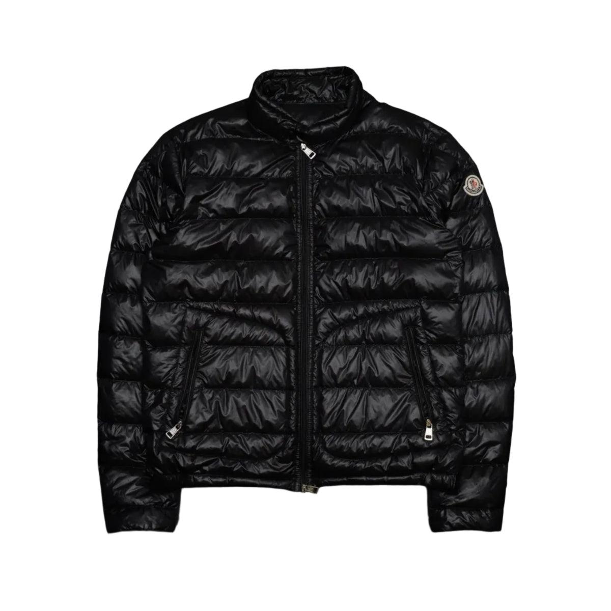 Pre-owned Moncler lightweight down jacket in glossy black laque nylon with stand collar, front view