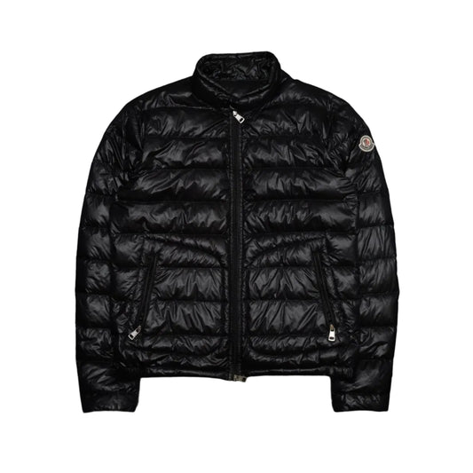 Pre-owned Moncler lightweight down jacket in glossy black laque nylon with stand collar, front view
