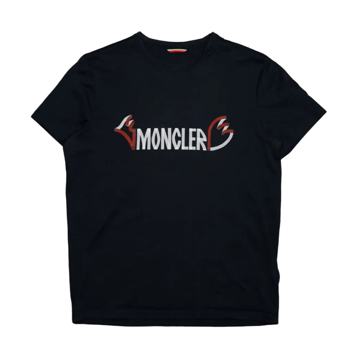 Pre-owned Moncler navy cotton T-shirt with large red and white Moncler logo print on the chest, front view