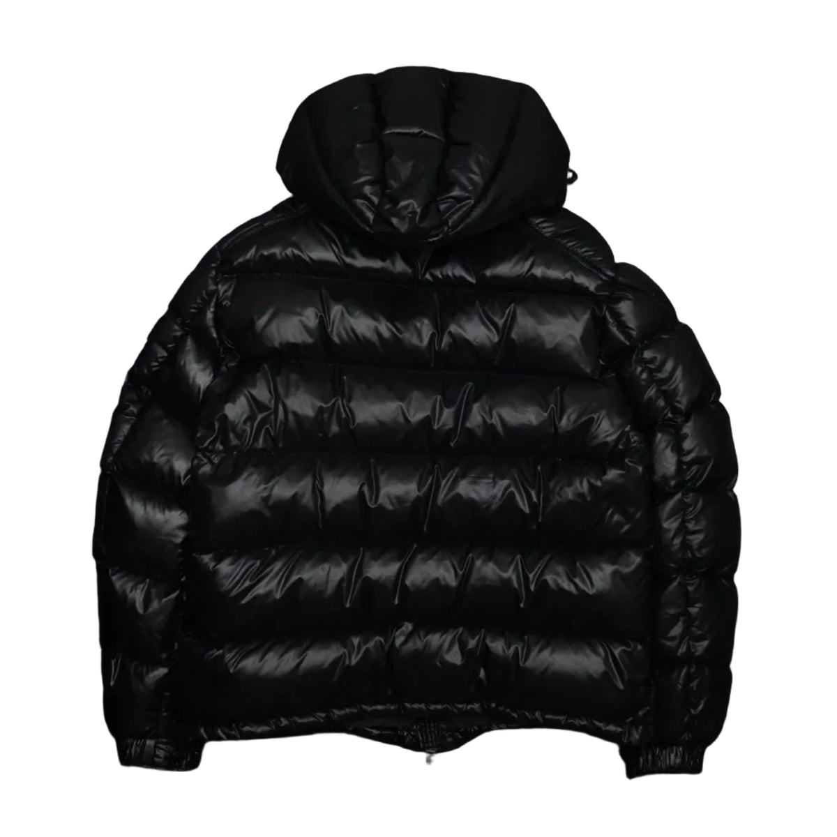 Pre-owned Moncler Maya hooded down jacket in black shiny laque nylon, back view with hood up