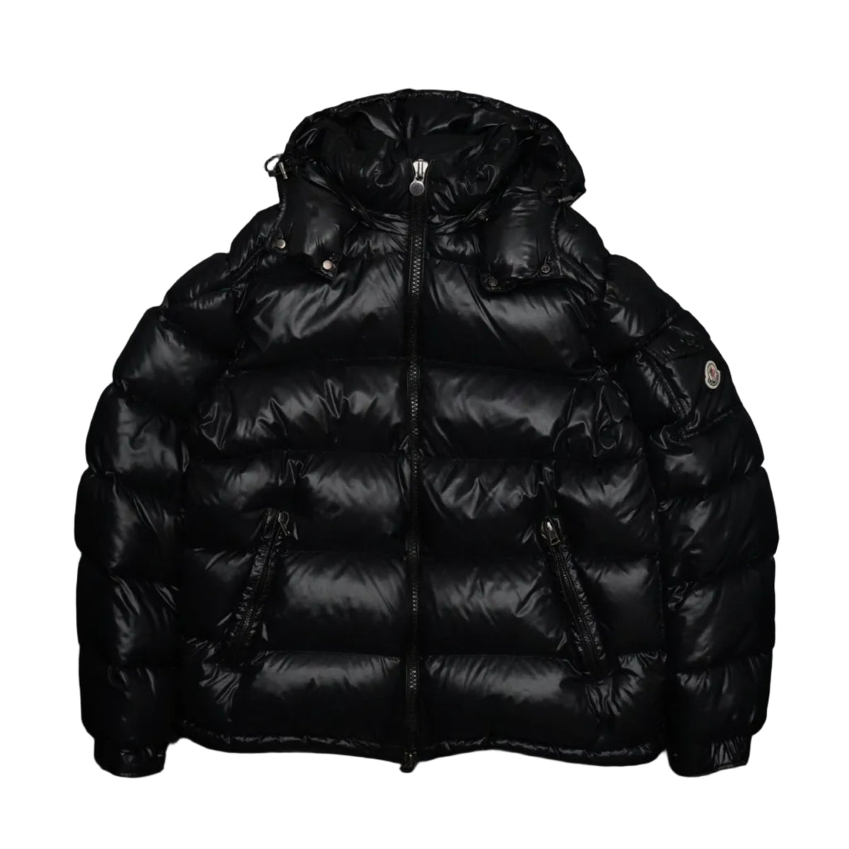 Pre-owned Moncler Maya hooded down jacket in black shiny laque nylon, front view