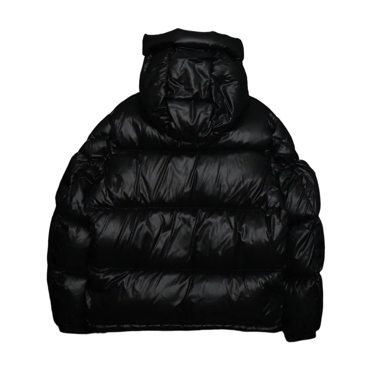 Pre-owned Moncler Montbeliard hooded down jacket in black shiny laque nylon, back view with hood