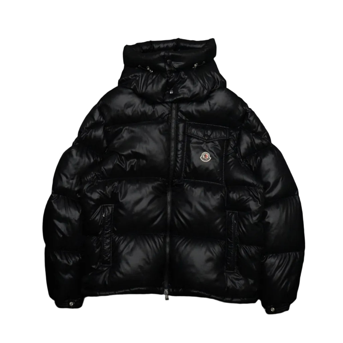 Pre-owned Moncler Montbeliard hooded down jacket in black shiny laque nylon with chest pocket, front view