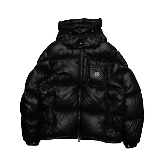 Pre-owned Moncler Montbeliard hooded down jacket in black shiny laque nylon with chest pocket, front view