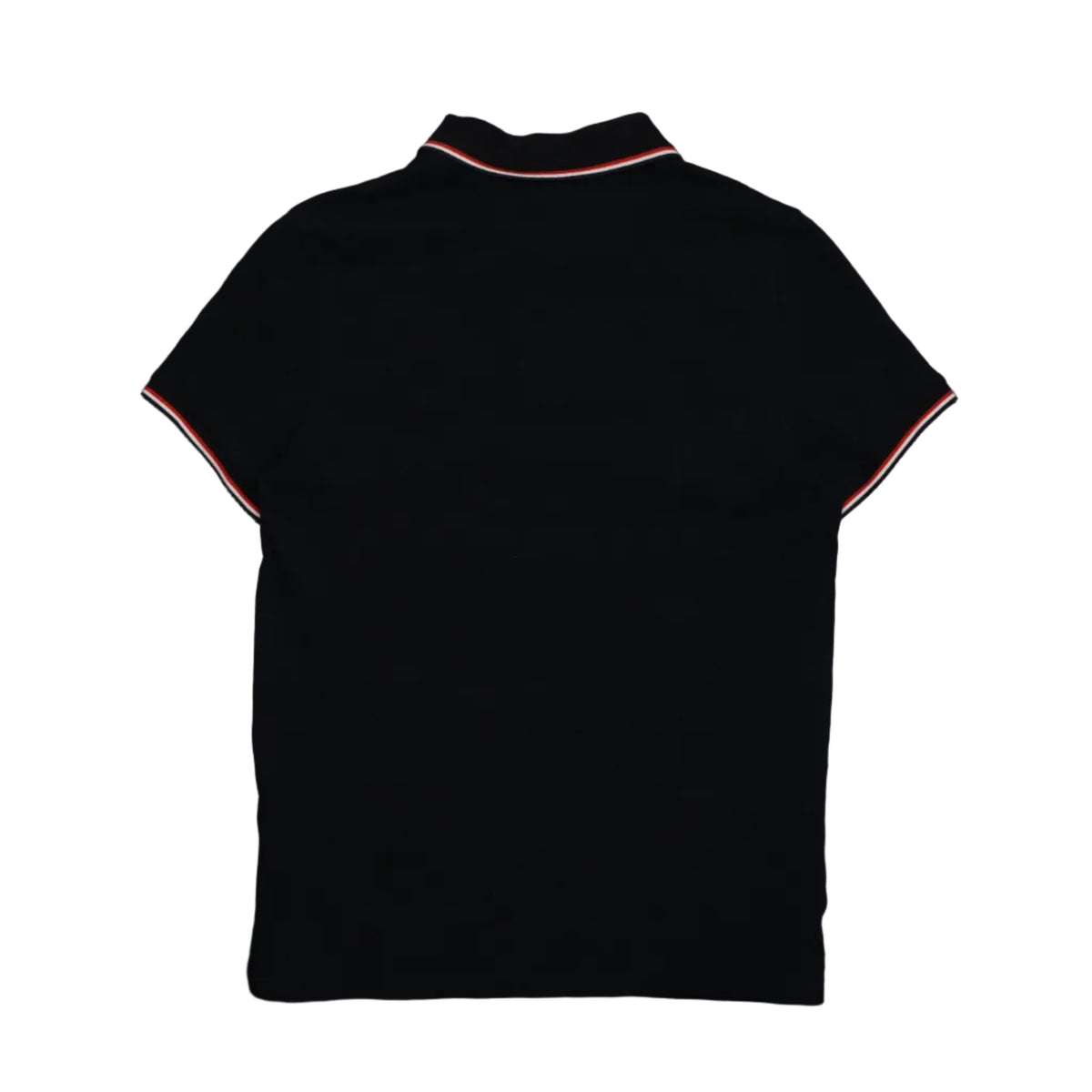 Pre-owned Moncler navy polo shirt with tricolour trim on collar and sleeve cuffs, back view