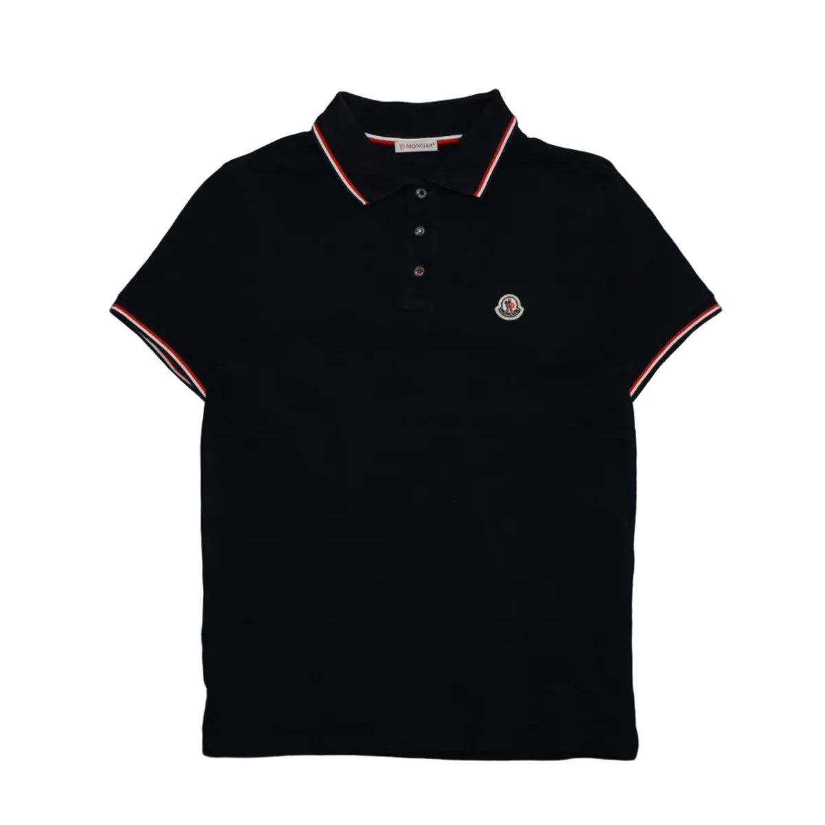 Pre-owned Moncler navy cotton piqué polo shirt with tricolour trim on collar and sleeves and chest logo patch, front view
